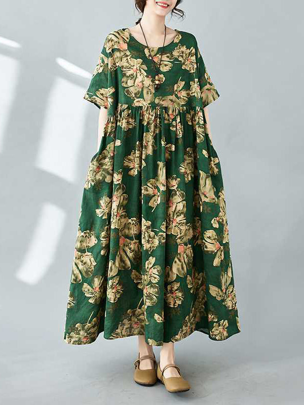 Half Sleeves Loose Flower Print Pleated Pockets Round-neck Midi Dresses