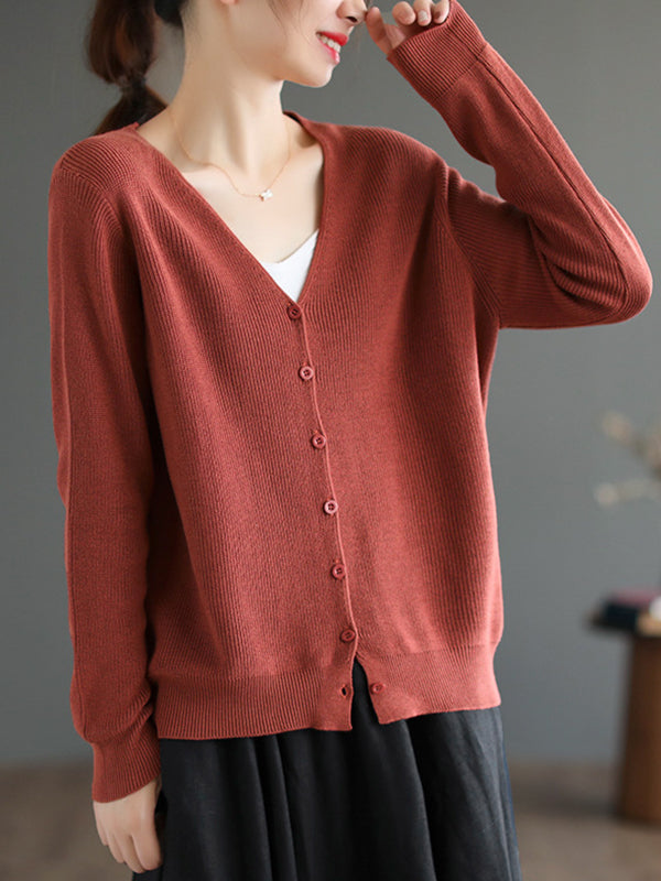 Long Sleeves Loose Solid Color V-Neck Cardigan Tops