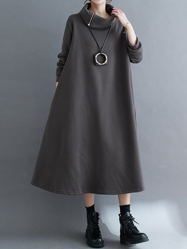 A-Line Long Sleeves Asymmetric Solid Color Zipper High Neck Midi Dresses