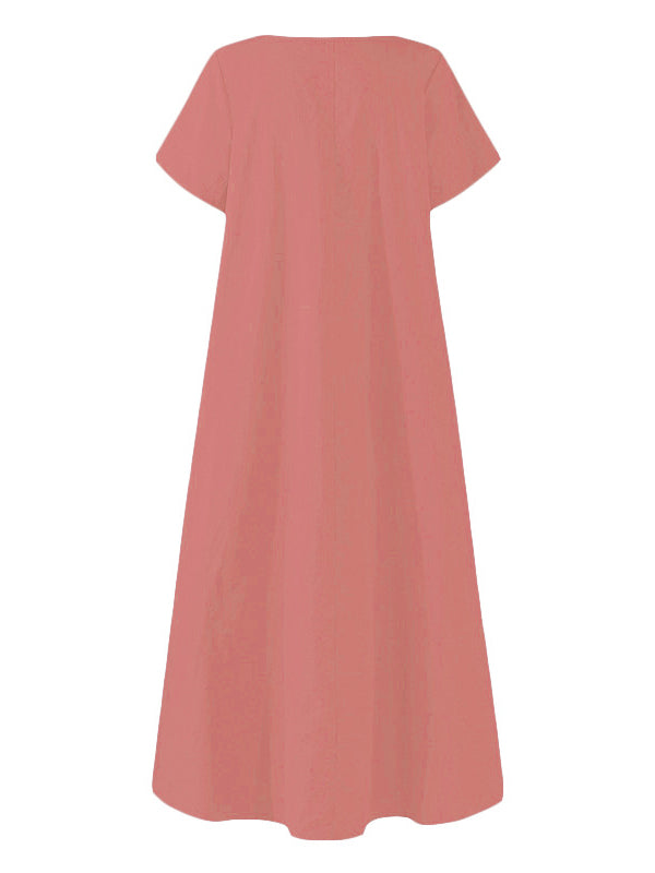 Simple Solid Color U-Neck Pleated Short Sleeves Maxi Dress