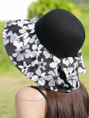 Bowknot Flower Print Pleated Split-Joint Sun Protection Fisherman Hat Sun Hat