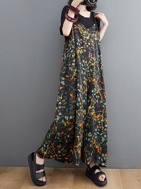 Loose Artistic Retro Ramie Cotton Floral Printed V-Neck Overalls