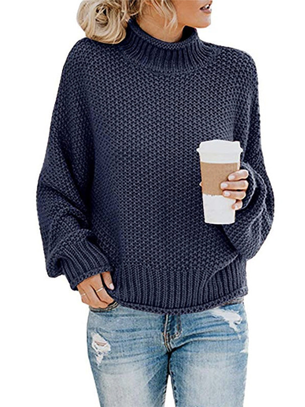 Casual Long Sleeves Solid Color High-Neck Sweater Tops