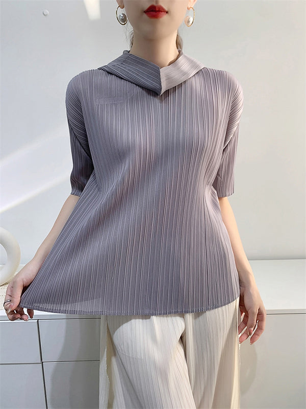 Half Sleeves Hooded Pleated Solid Color Mock Neck T-Shirts Tops