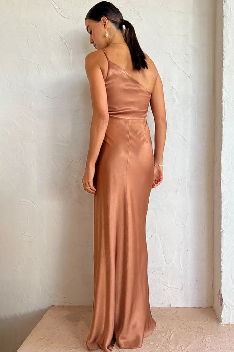 One Shoulder High Slit Ruched Evening Gown Cami Maxi Dress