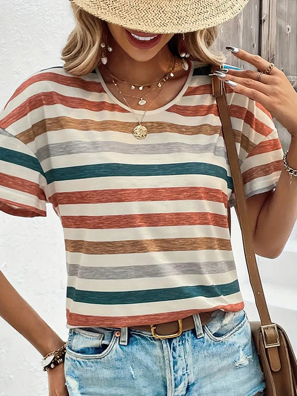 Loose Short Sleeves Striped Round-Neck T-Shirts Tops