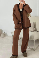 Fashion Casual Knitted Long Sleeve Pocket Cardigan and Elastic Waist Loose Wide Leg Pants Set