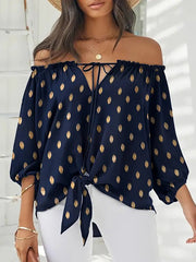 Simple Long Sleeves Loose Drawstring Printed Off-The-Shoulder Blouses&Shirts Tops