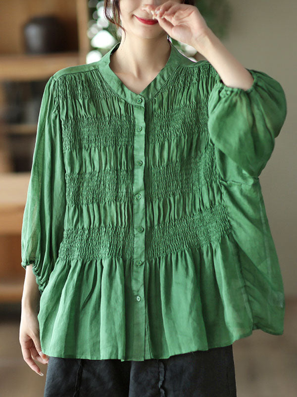 Loose Three-Quarter Sleeves Pleated Solid Color Split-Joint Stand Collar Blouses&Shirts Tops