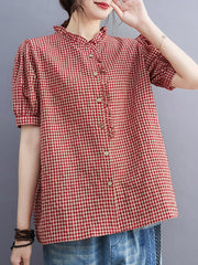 Loose Oversize Plaid Pleated Split-Joint V-Neck Blouses