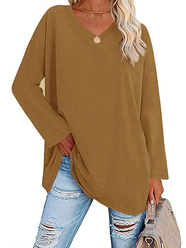 Long Sleeves Loose See-Through Solid Color Split-Joint V-Neck T-Shirts