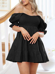 Loose Puff Sleeves Elasticity Pleated Solid Color Split-Joint Tiered Off-the-shoulder Mini Dresses