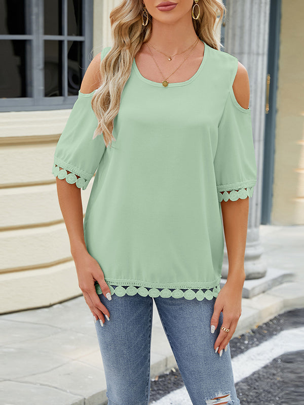 Loose Short Sleeves Solid Color Split-Joint Tasseled Cold Shoulder T-Shirts Tops