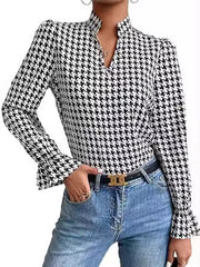 Long Sleeves Loose Elasticity Houndstooth Split-Joint V-Neck Blouses&Shirts Tops