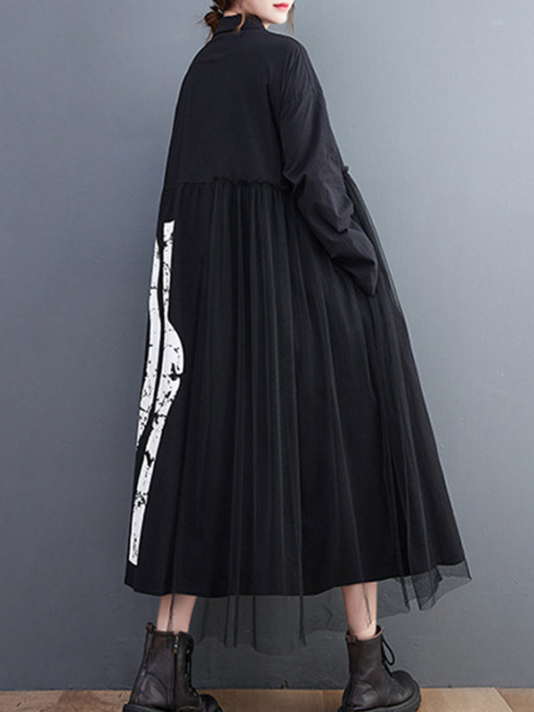 Casual Long Sleeves Loose Contrast Color Split-Joint Lapel Collar Midi Dresses