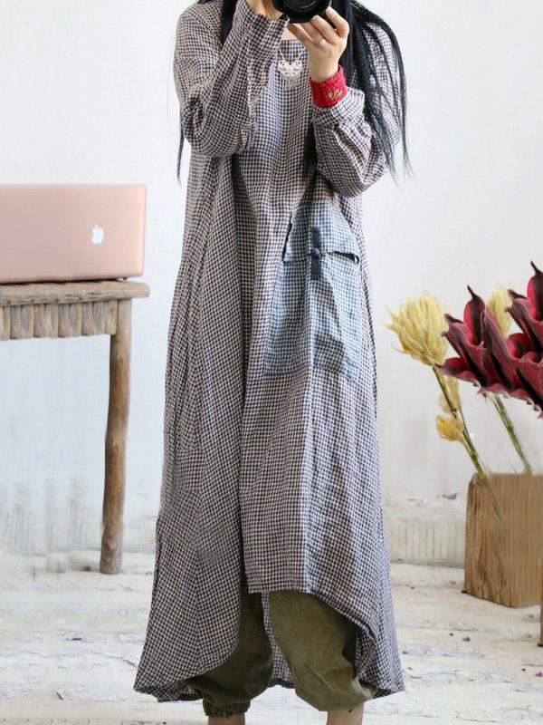 Loose Vintage Linen Plaid Round-neck Long Dress