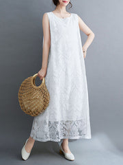 A-Line Loose Lacy See-Through Solid Color Split-Side Round-Neck Midi Dresses