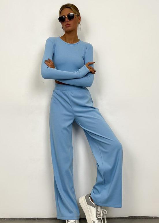 Sleek Comfort - Long Sleeve Crop Top and Wide-Leg Pants Set