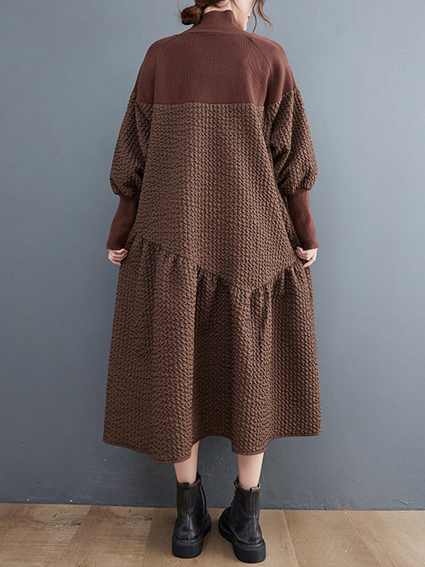 Casual Long Sleeves Loose Split-Joint Jacquard High-Neck Sweater Dresses