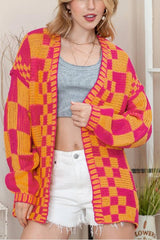 Colorblock Checked Open Front Knitted Cardigan