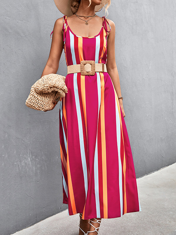 Loose Sleeveless Contrast Color Striped Tied U-Neck Midi Dresses Slip Dress