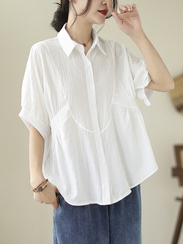 Half Sleeves Loose Pleated Solid Color Split-Joint Lapel Blouses&Shirts Tops