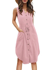 Sleeveless V-neck Button Up Pocket Dress