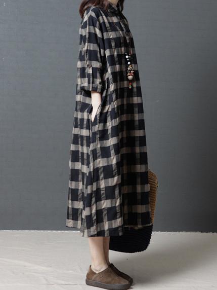 Loose Plaid Plus Size Ramie Cotton Blouse Midi Dresses