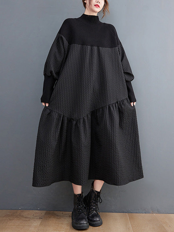 Casual Long Sleeves Loose Split-Joint Jacquard High-Neck Sweater Dresses