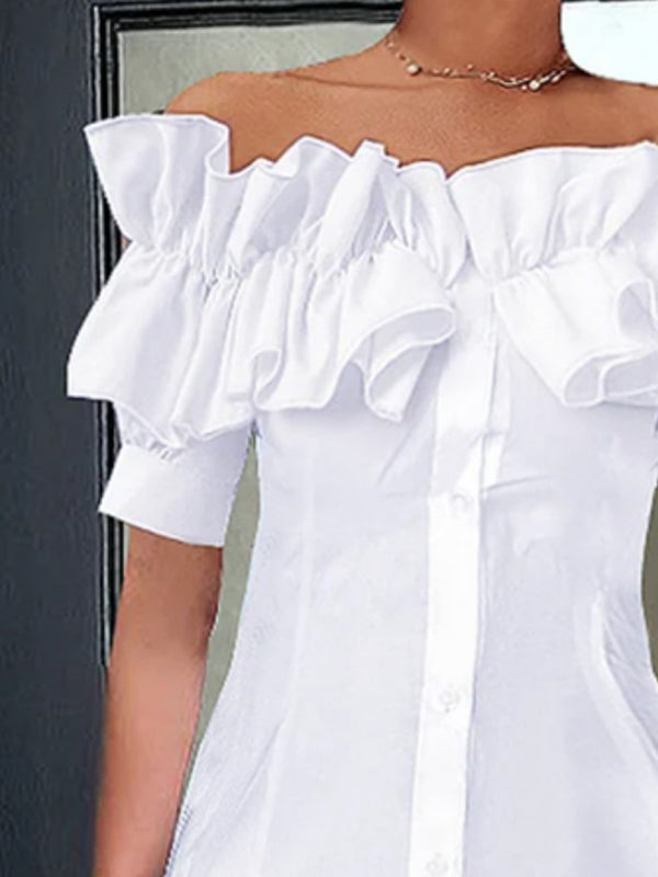 Short Sleeves Buttoned Ruffled Solid Color Off-the-shoulder Blouses&shirts Tops