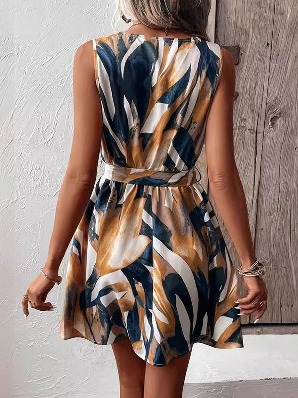 A-Line Loose Printed Tied Waist V-Neck Mini Dresses