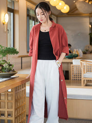 Artistic Retro Loose Simple Casual Solid Color Ramie Trench Coat