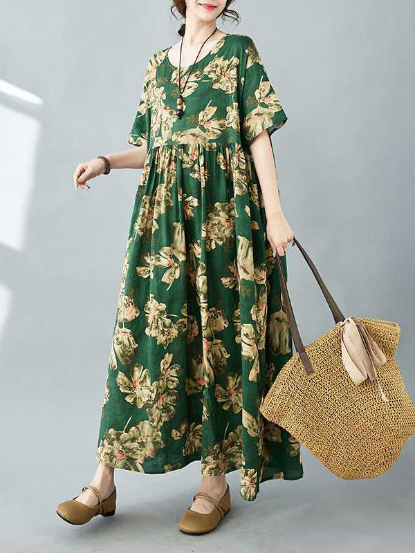 Half Sleeves Loose Flower Print Pleated Pockets Round-neck Midi Dresses