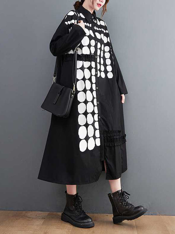 A-Line Long Sleeves Asymmetric Buttoned Polka-Dot Lapel Midi Dresses