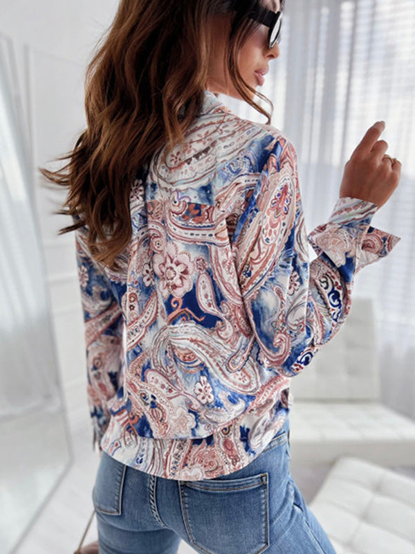 Trendy Long Sleeves Loose Printed Lapel Collar Blouses&Shirts Tops