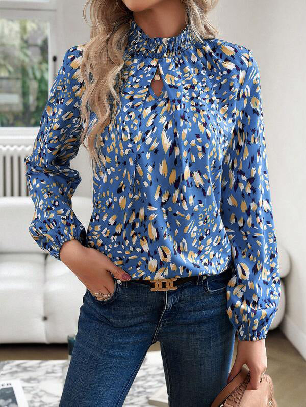 Long Sleeves Loose Elasticity Hollow Printed Mock Neck Blouses&Shirts Tops