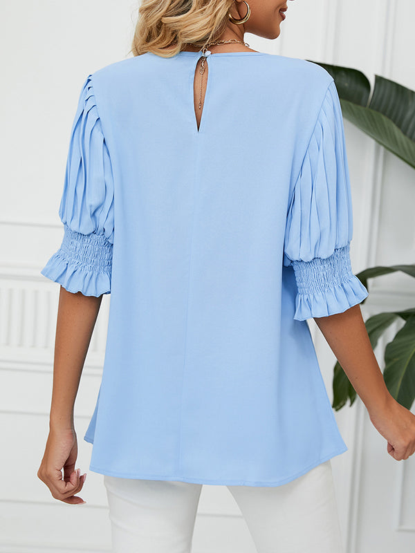 Loose Puff Sleeves Pleated Solid Color Round-Neck T-Shirts Tops