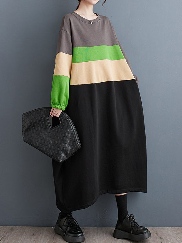 A-Line Long Sleeves Contrast Color Elasticity Split-Joint Round-Neck Midi Dresses