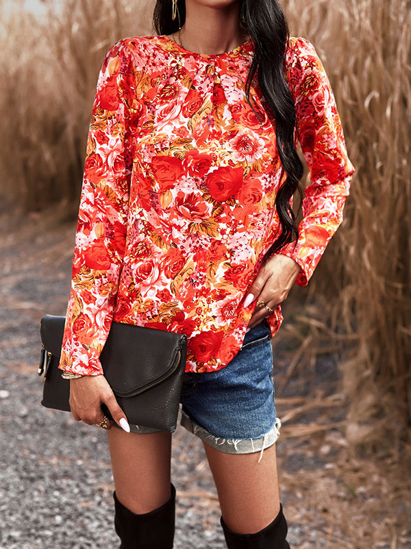 Long Sleeves Loose Flower Print Pleated Round-neck Shirts Tops