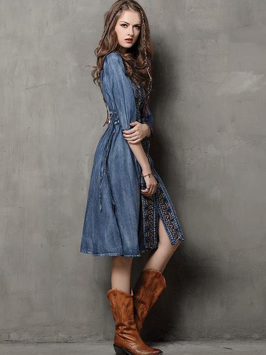 Vintage Oversize Embroidery Denim Dress