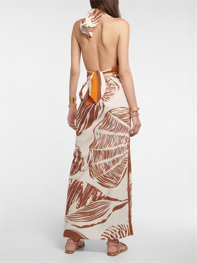 Satin Exquisite Hand-Painted Print Leaf Slit Midi Dress