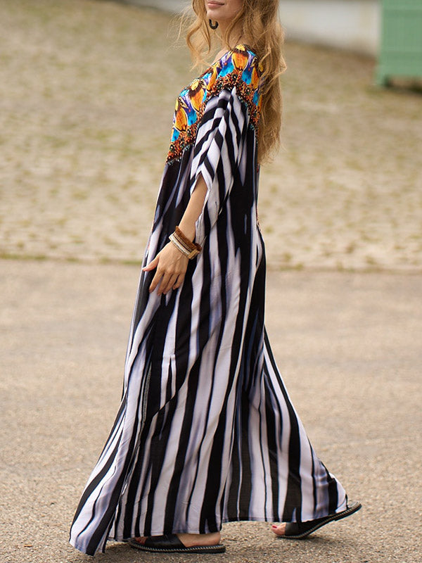 Batwing Sleeves Loose Printed Split-Side Striped V-Neck Beach Cover-Up Maxi Dresses