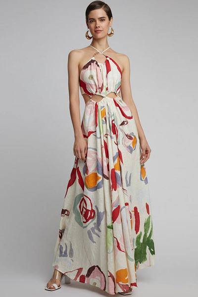 Sabina Abstract Floral Halterneck Maxi Dress