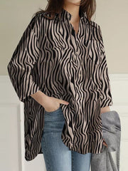 High-Low Long Sleeves Buttoned Pockets Split-Side Zebra-Stripe Lapel Blouses&Shirts Tops