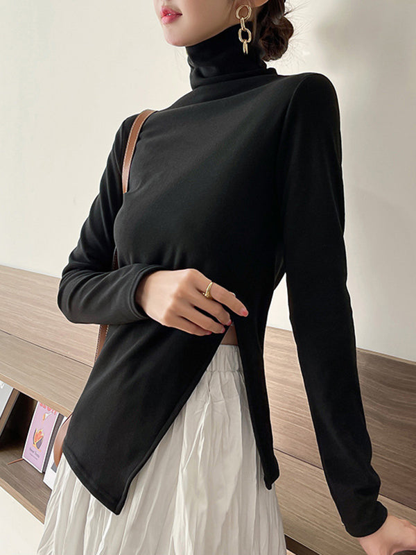 Casual Skinny Long Sleeves Split-Side Solid Color High-Neck T-Shirts Tops