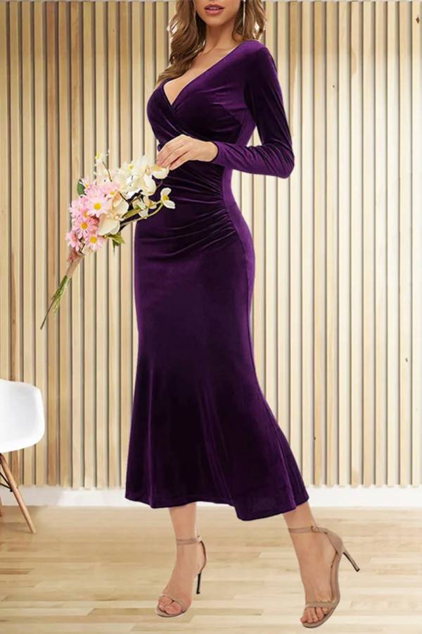 Solid Velvet Long Sleeve V Neck Slim Fit Fishtail Maxi Dress