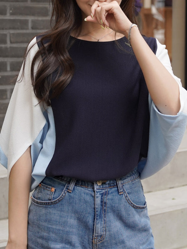 Batwing Sleeves Half Sleeves Contrast Color Round-Neck Blouses&Shirts Tops