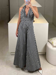 Elegant Plaid Halterneck Deep V-Neck Midi Dress