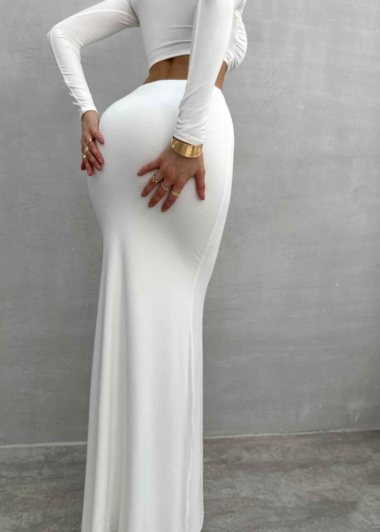 Elegant Shirred Maxi Skirt & Crop Top Set - White