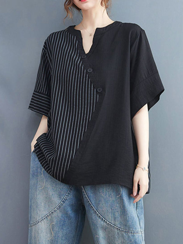 Simple Loose Asymmetric Striped V-Neck Blouse